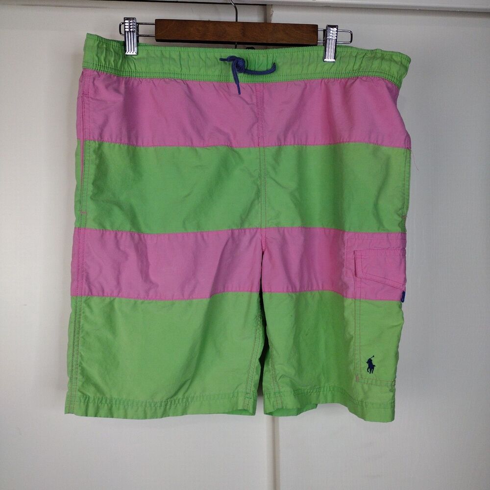 Vtg Polo Ralph Lauren Strip Swim Trunks Shorts Mens Sz S Pink Green Fluorescent
